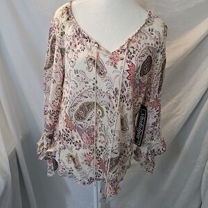 Nostalgia Lightweight Flowy Sheer Top Paisley Design Ruffle Long Sleeve NWT L